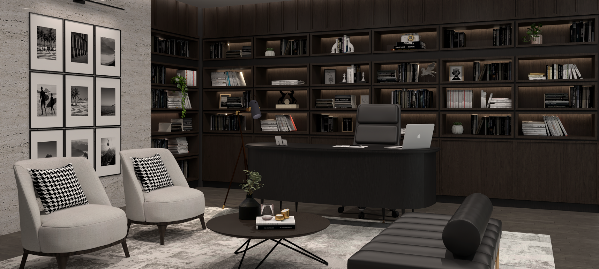 Simplistic masculine interior design by Poppyhaus Studio with indirect lighting for added warmth.