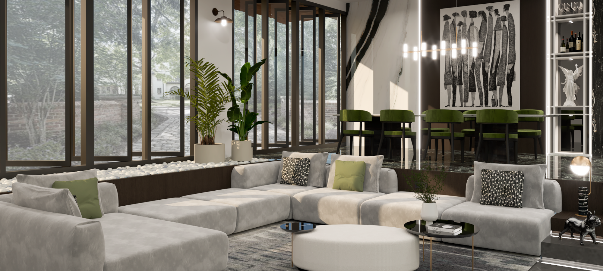 Interior design by Poppyhaus Studio, inspired by the Indonesian rainforest, combining modern furnishings with natural elements.