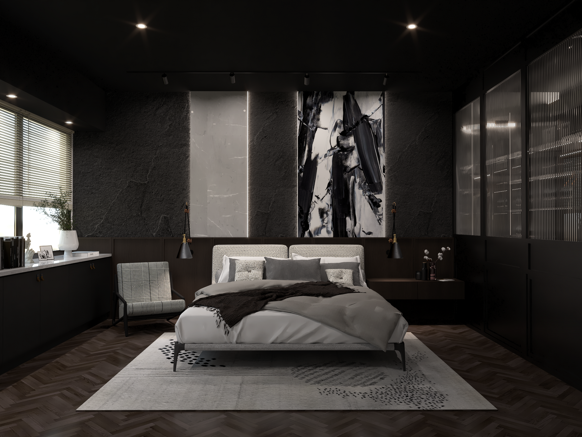 Simplistic masculine interior design by Poppyhaus Studio with indirect lighting for added warmth.