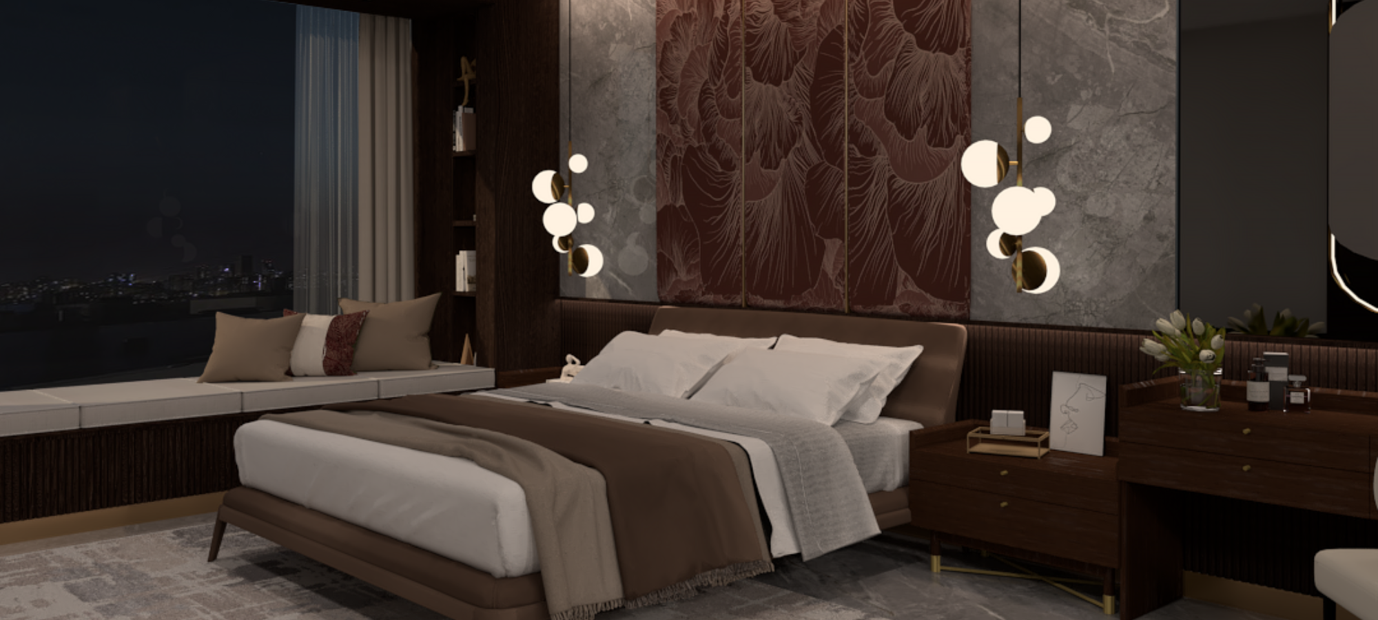 Contemporary interior design by Poppyhaus Studio, featuring a rich burgundy color palette and warm woods.