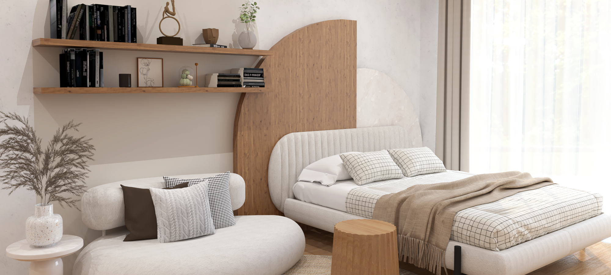 Studio apartment design by Poppyhaus Studio, inspired by Japanese philosophy, emphasizing natural colors and the beauty of imperfection.